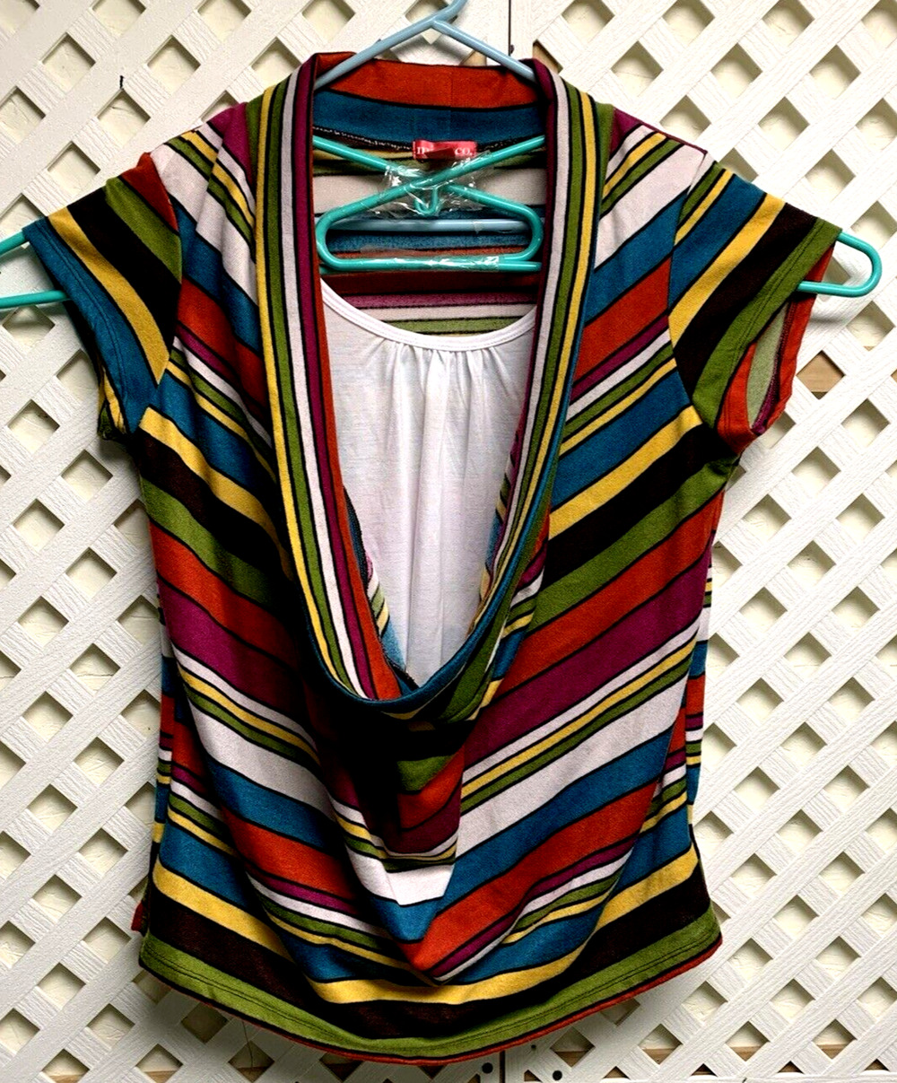Mix & Co 1X Top Womens Multi Color Striped Cowl Neck Faux White Under Layer